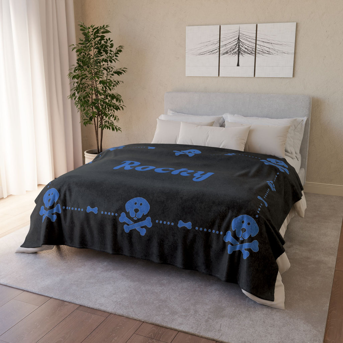 Personalised Fleece Pet Blanket, Black with Blue Dog Cross Bone (Pet Name)