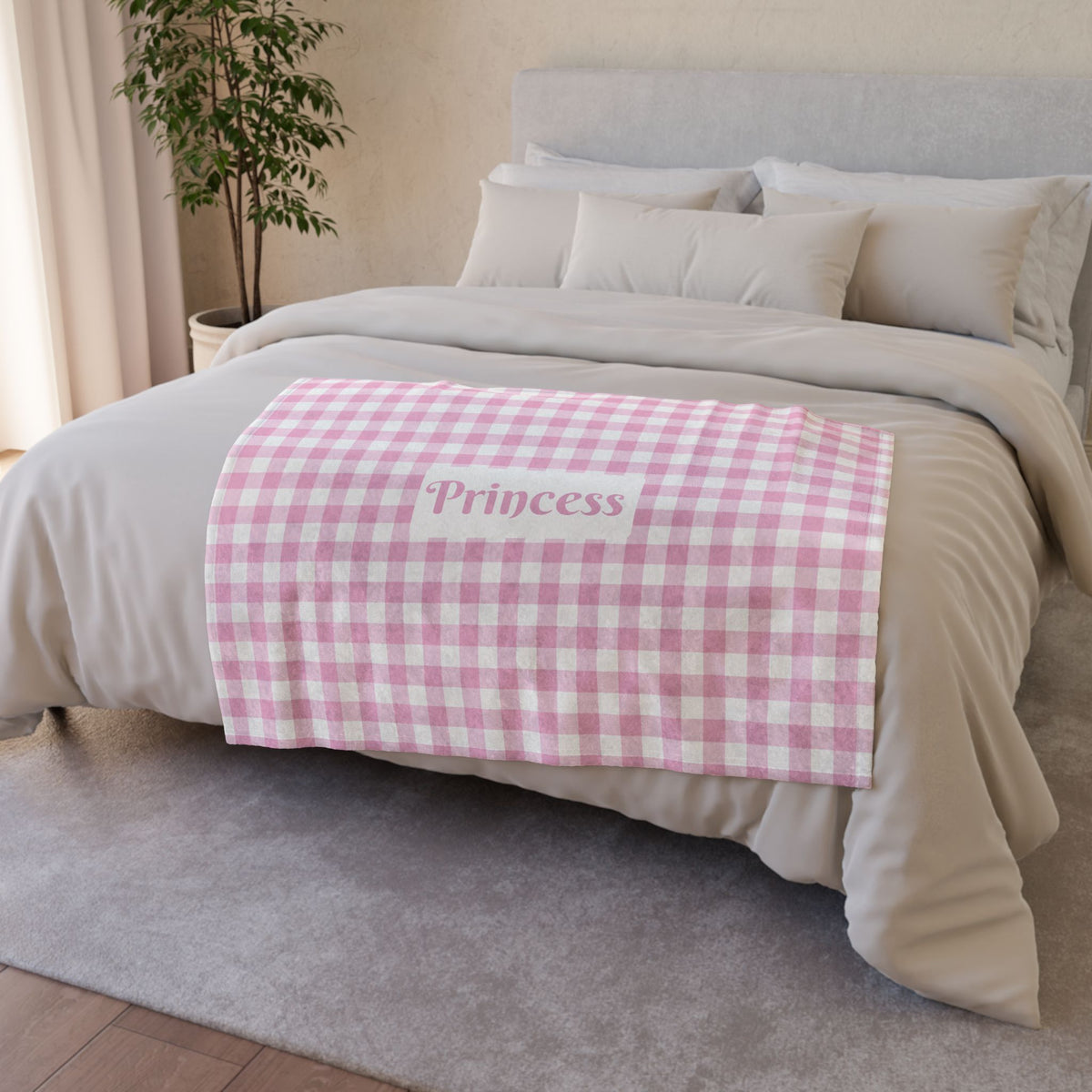 Personalised Baby Pink Gingham Fleece Pet Blanket (Pet Name)