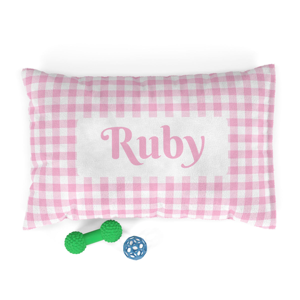 Personalised Pet Bed (Dog or Cat) with Name – Custom Pet Bed (Soft Pink and White Gingham Design)