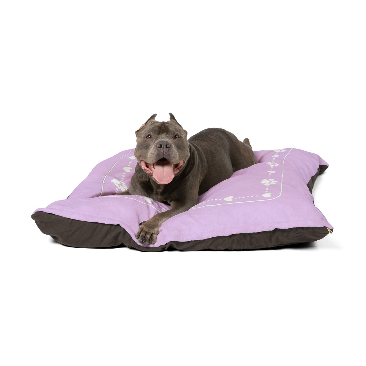 Personalised Pet Bed (Dog or Cat) with Name – Custom Pet Bed (Pink with White Paw & Heart Border Design)