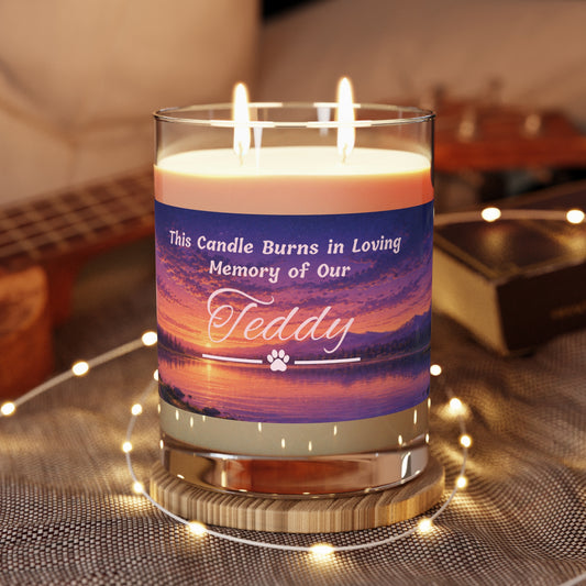 Rainbow Over Twilight – Personalised Pet Memorial Candle - Pink Text (Pet Photo & Name)
