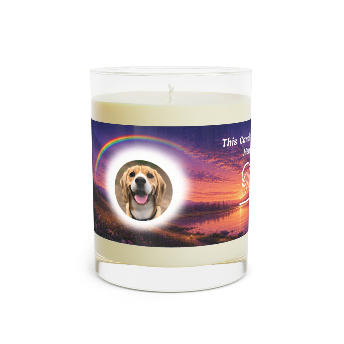 Rainbow Over Twilight – Personalised Pet Memorial Candle - White Text (Pet Photo & Name)