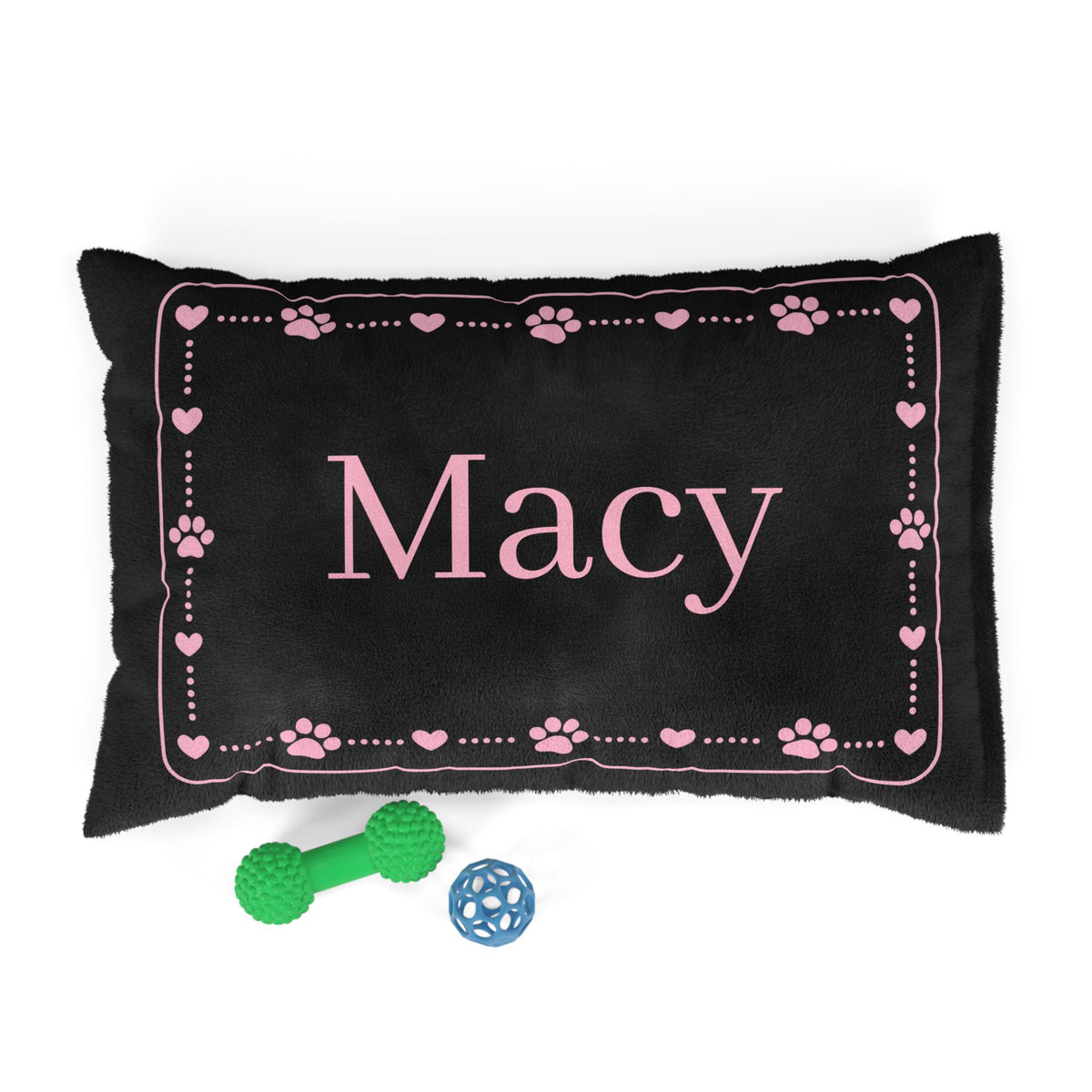 Personalised Pet Bed (Dog or Cat) with Name – Custom Pet Bed (Black with Pink Paw & Heart Border Design)