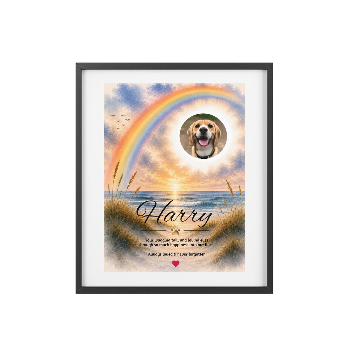 Rainbow Bridge over the Beach - Personalised Framed Pet Memorial Print (Pet Photo & Name)