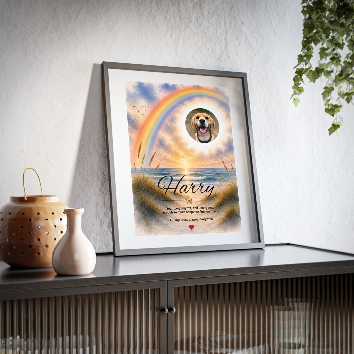 Rainbow Bridge over the Beach - Personalised Framed Pet Memorial Print (Pet Photo & Name)
