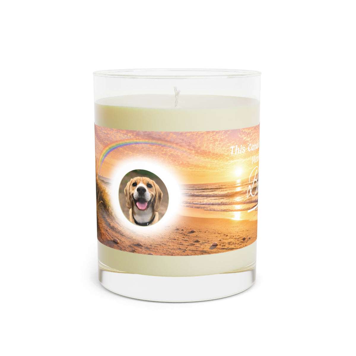 Rainbow Over the Beach – Personalised Pet Memorial Candle - White Text (Pet Photo & Name)