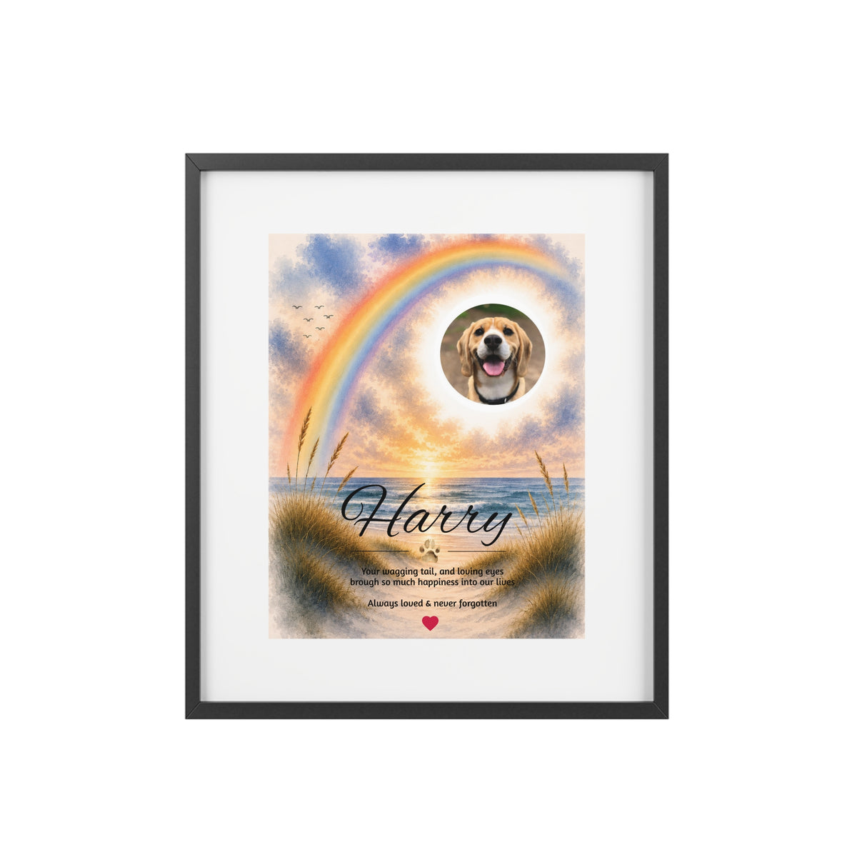 Rainbow Bridge over the Beach - Personalised Framed Pet Memorial Print (Pet Photo & Name)