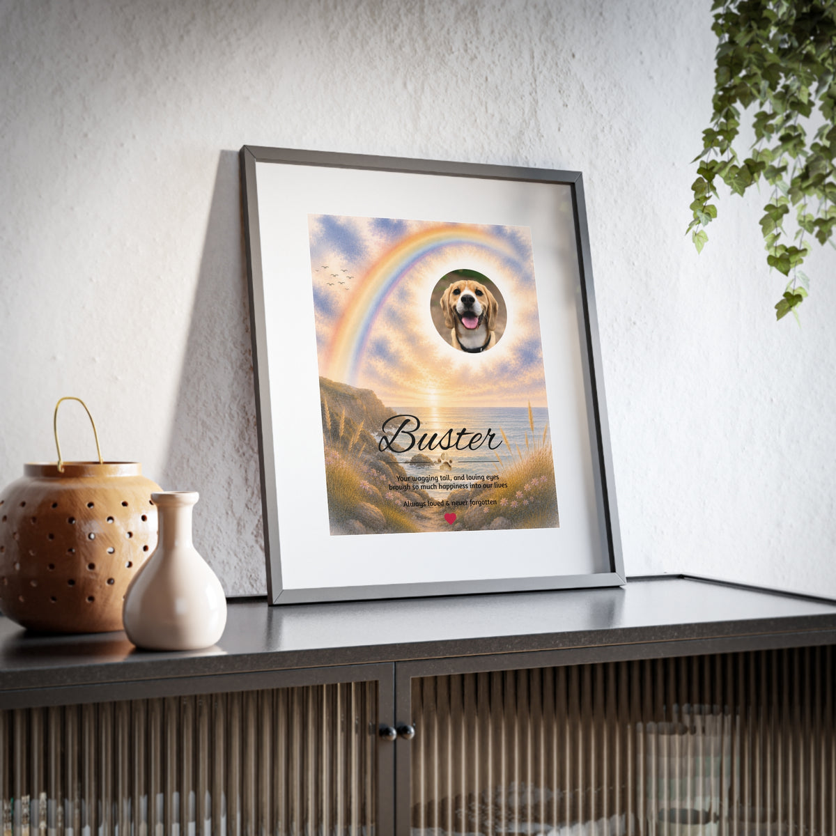 Rainbow Bridge over the Seascape - Personalised Framed Pet Memorial Print (Pet Photo & Name)