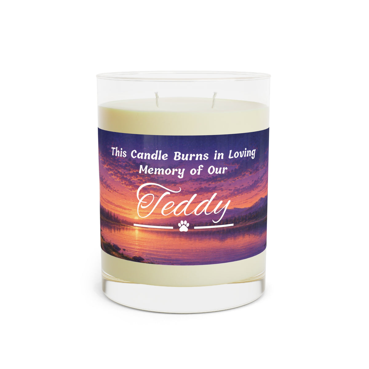 Rainbow Over Twilight – Personalised Pet Memorial Candle - White Text (Pet Photo & Name)