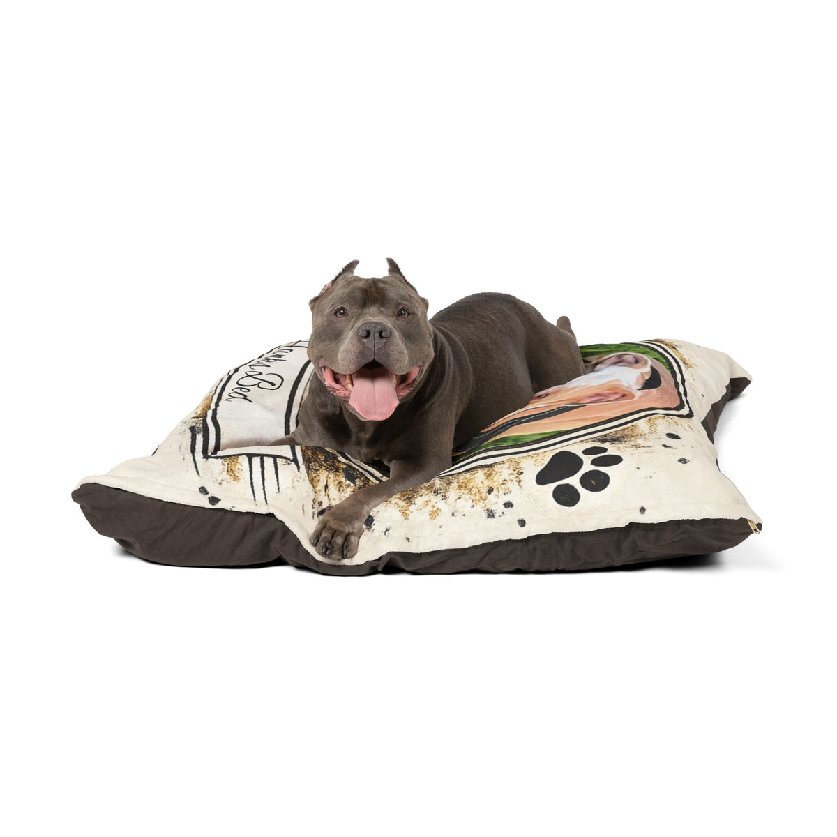 Personalised Pet Bed (Dog or Cat) with Photo & Name – Custom Pet Bed (Rustic Vintage Design)