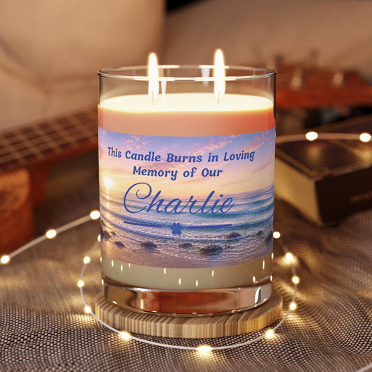 Rainbow Over the Seascape – Personalised Memorial Candle - Blue Text (Pet Photo & Name)