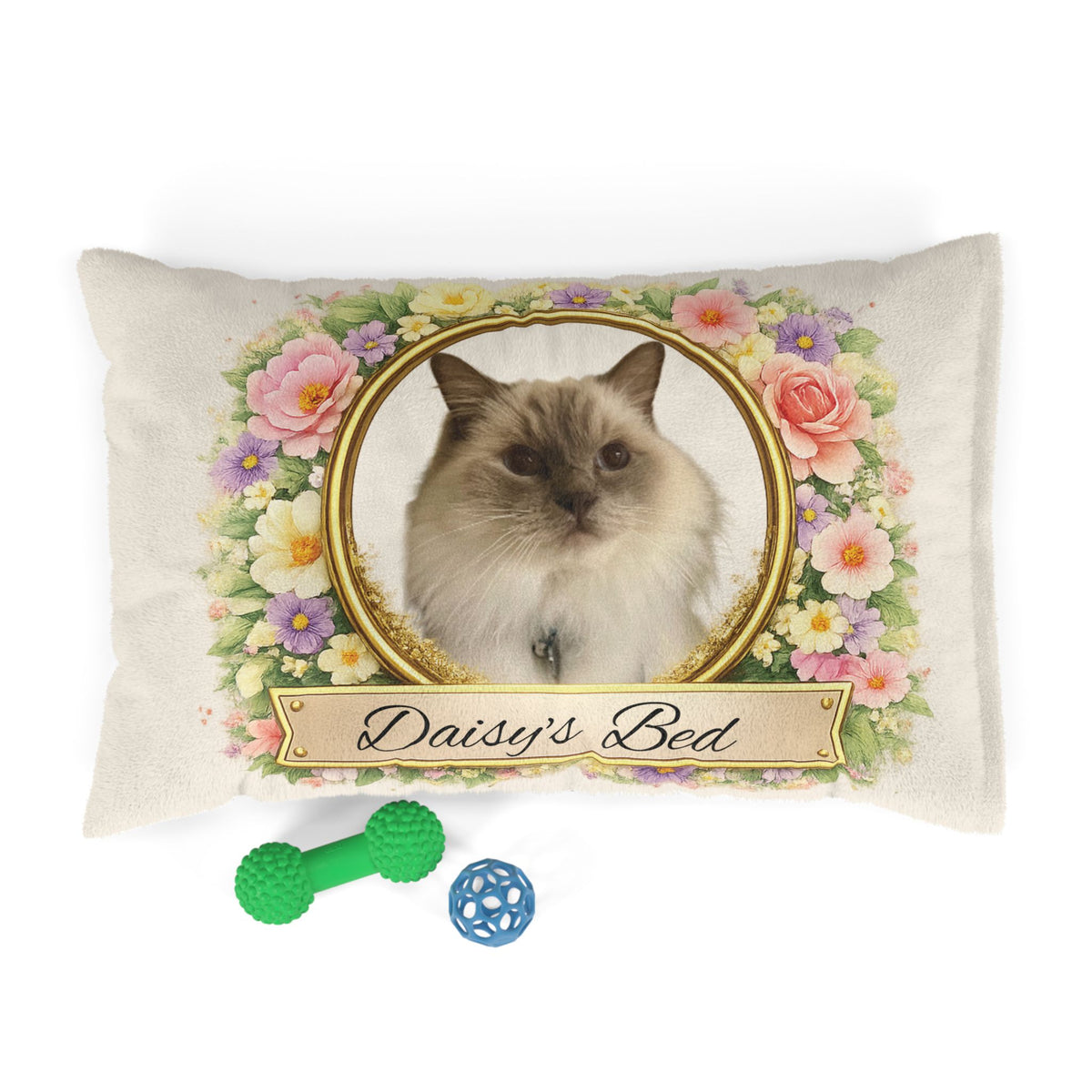 Personalised Pet Bed (Dog or Cat) with Photo & Name – Custom Pet Bed (Floral Portrait Design)