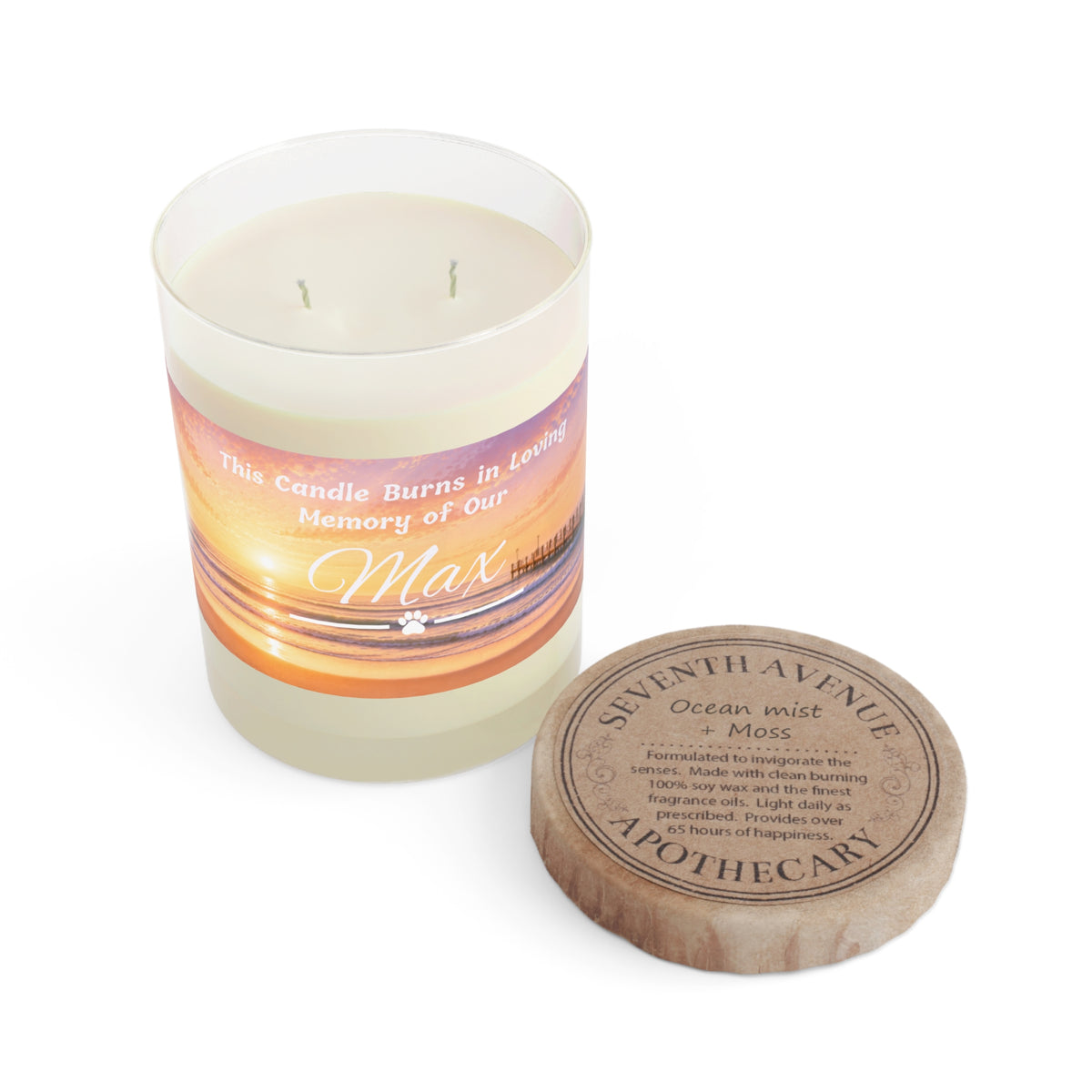 Rainbow Over the Pier – Personalised Pet Memorial Candle - White Text (Pet Photo & Name)