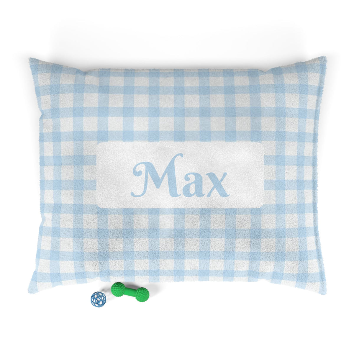 Personalised Pet Bed (Dog or Cat) with Name – Custom Pet Bed (Baby Blue and White Gingham Design)