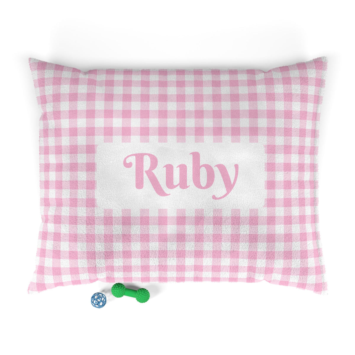 Personalised Pet Bed (Dog or Cat) with Name – Custom Pet Bed (Soft Pink and White Gingham Design)