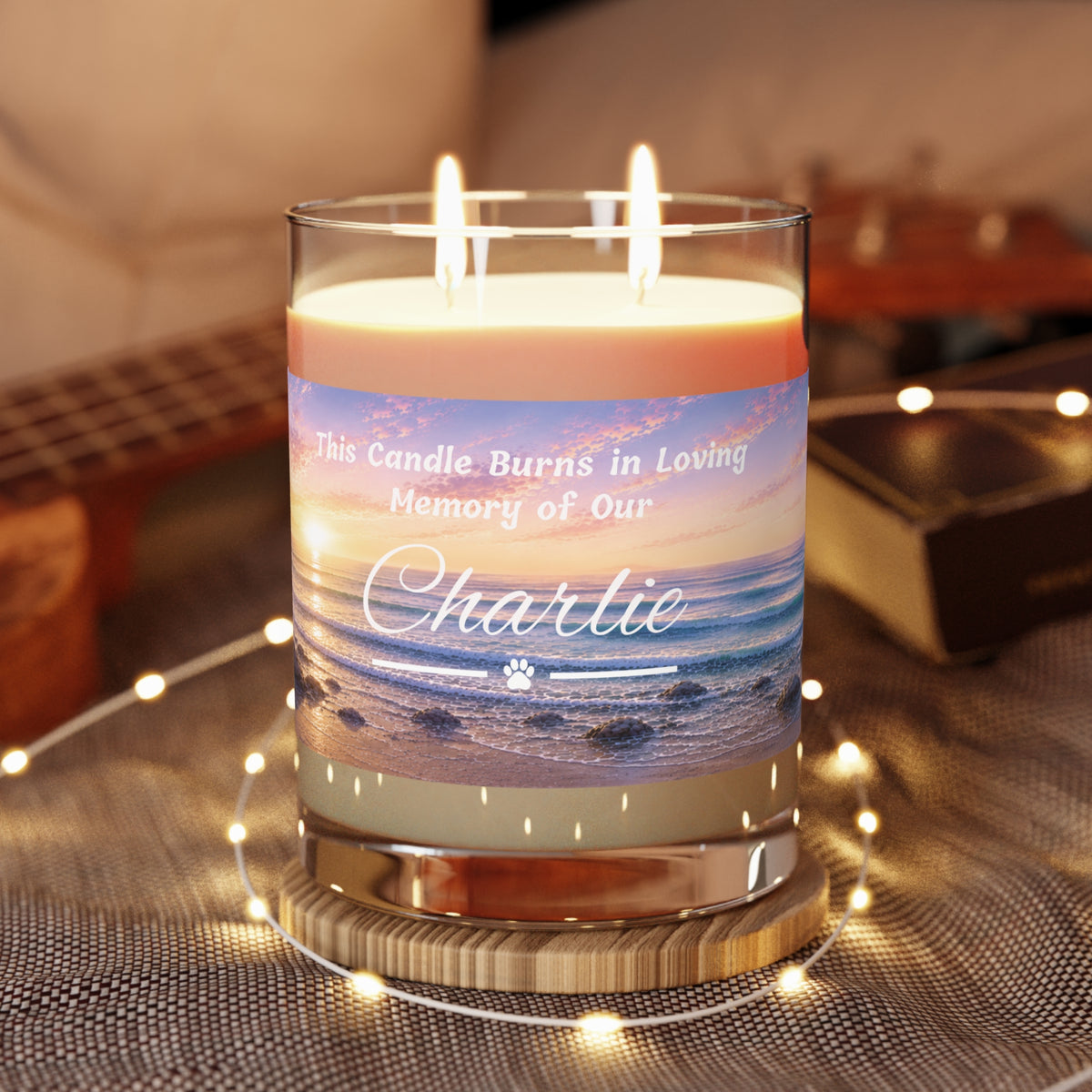 Rainbow Over the Seascape – Personalised Memorial Candle - White Text (Pet Photo & Name)