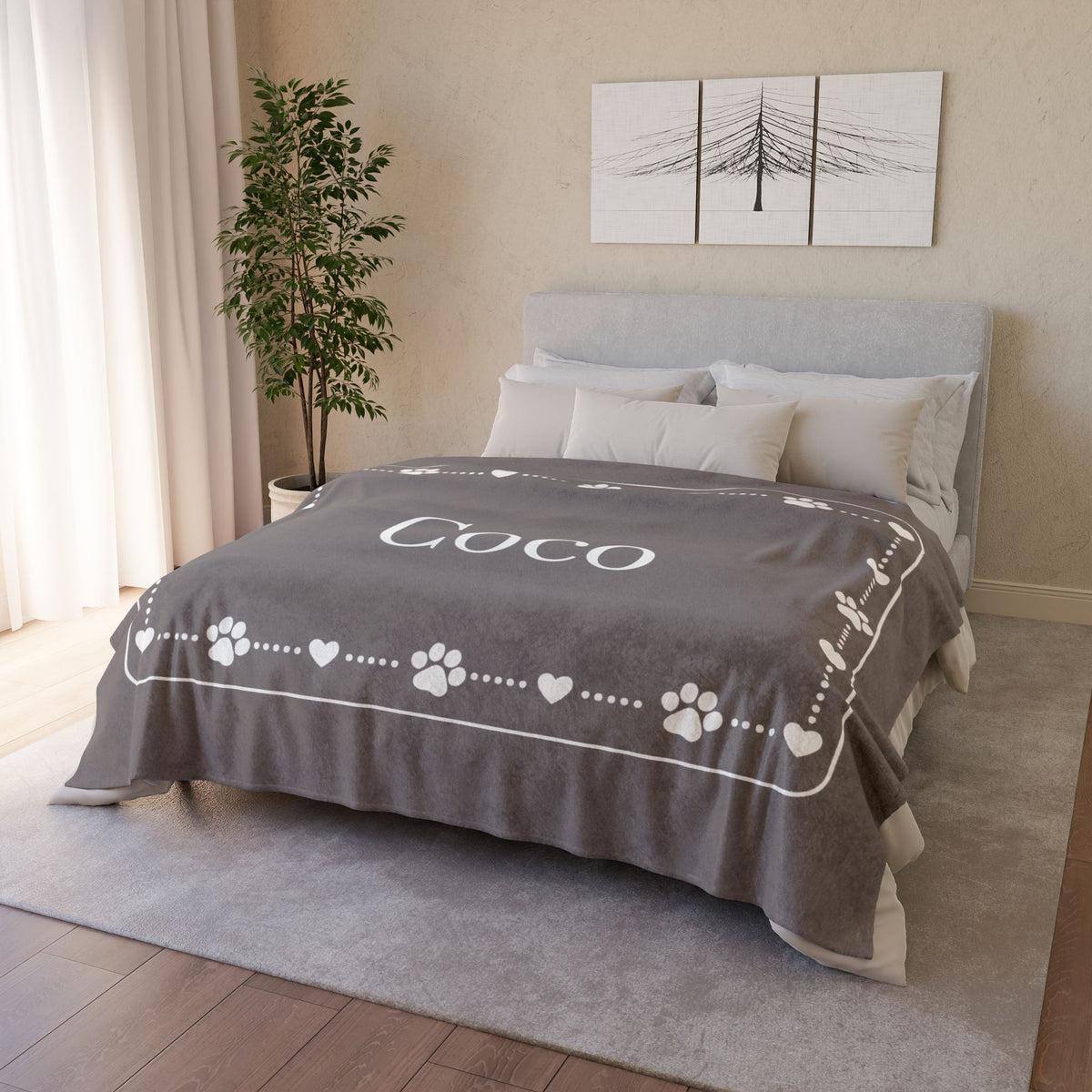 Personalised Fleece Pet Blanket, Soft Grey with White Paw & Heart (Pet Name)