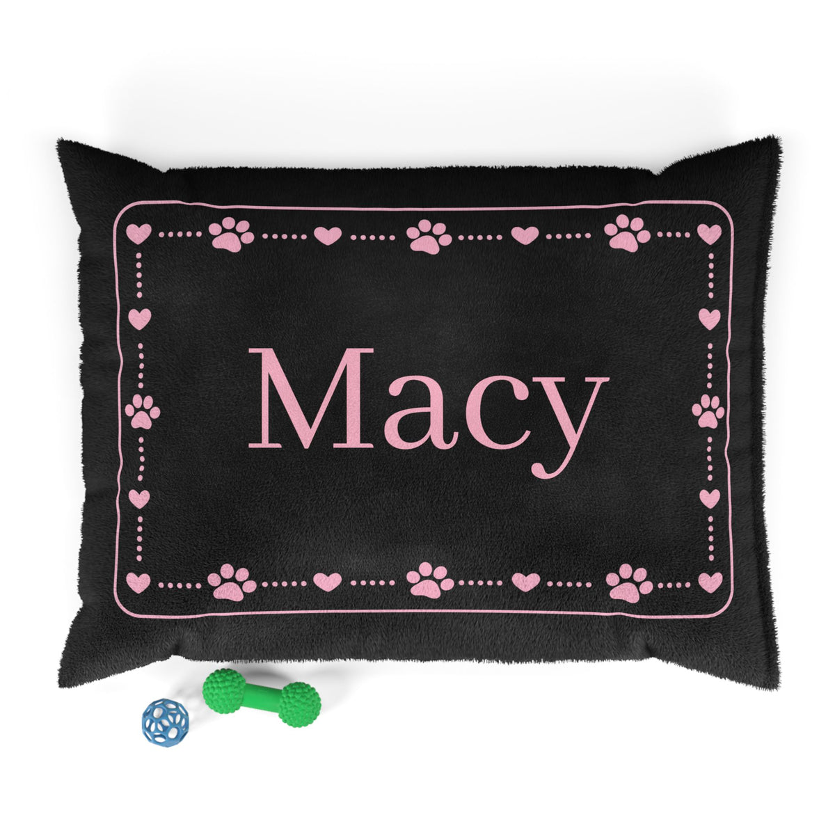 Personalised Pet Bed (Dog or Cat) with Name – Custom Pet Bed (Black with Pink Paw & Heart Border Design)