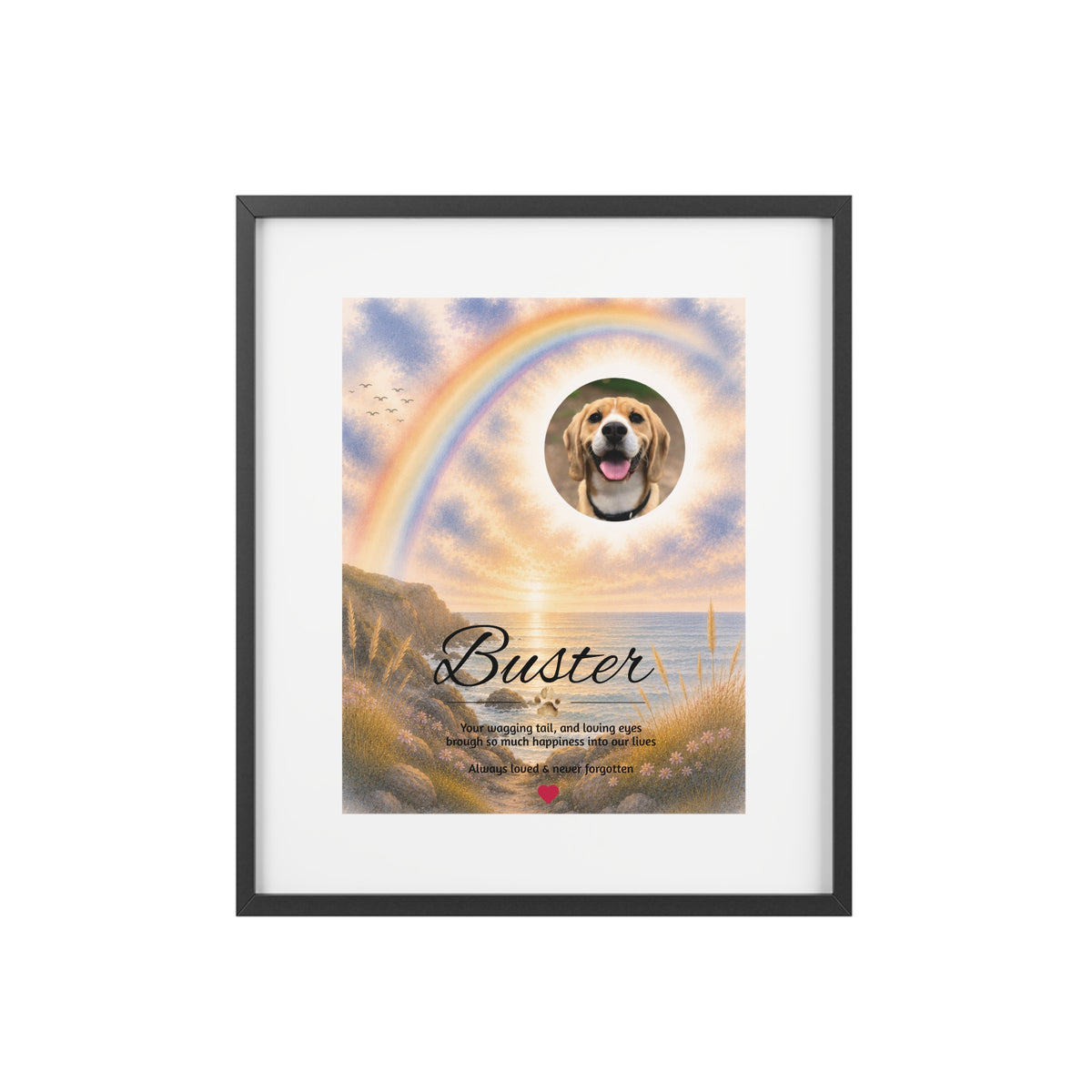 Rainbow Bridge over the Seascape - Personalised Framed Pet Memorial Print (Pet Photo & Name)
