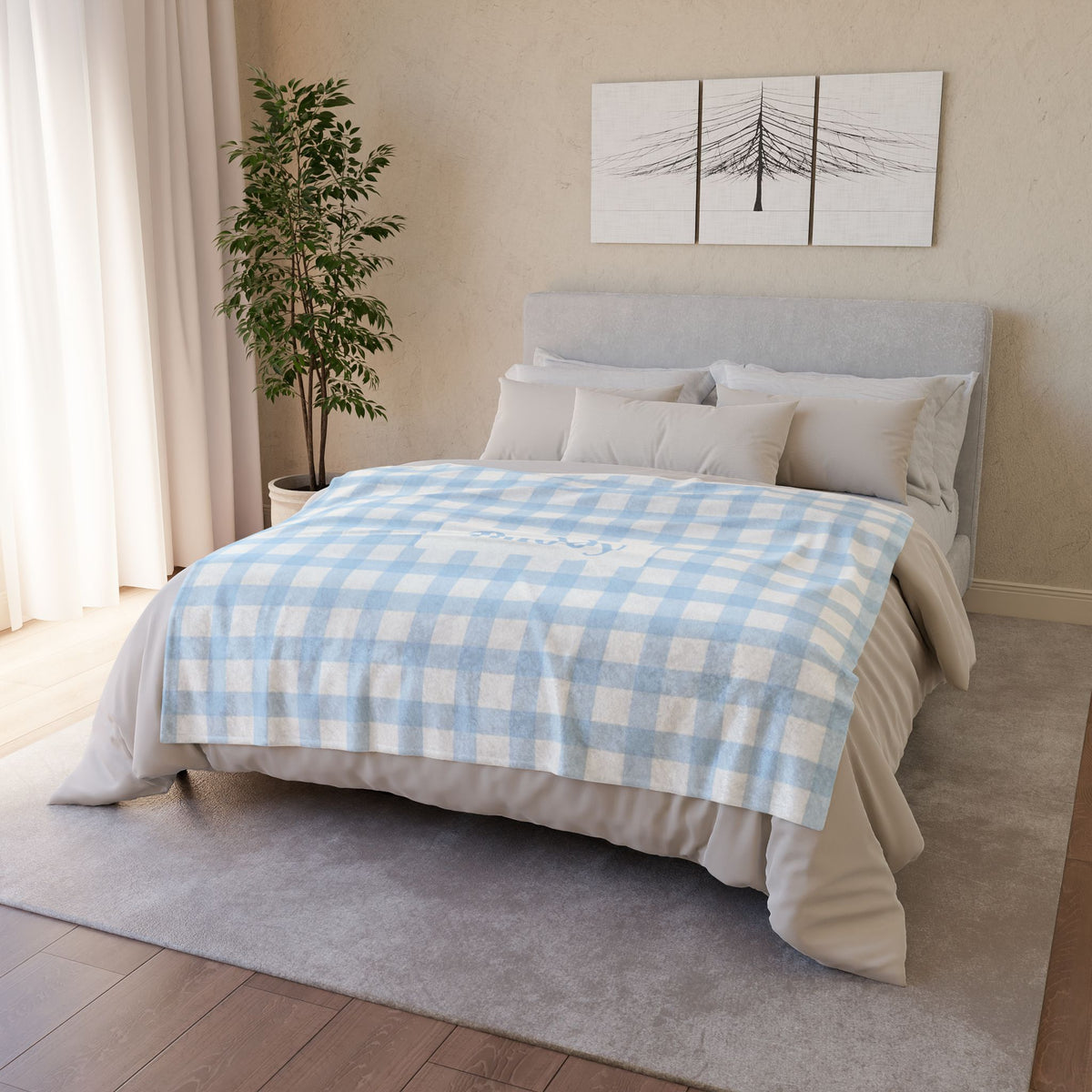 Personalised Baby Blue Gingham Fleece Pet Blanket (Pet Name)