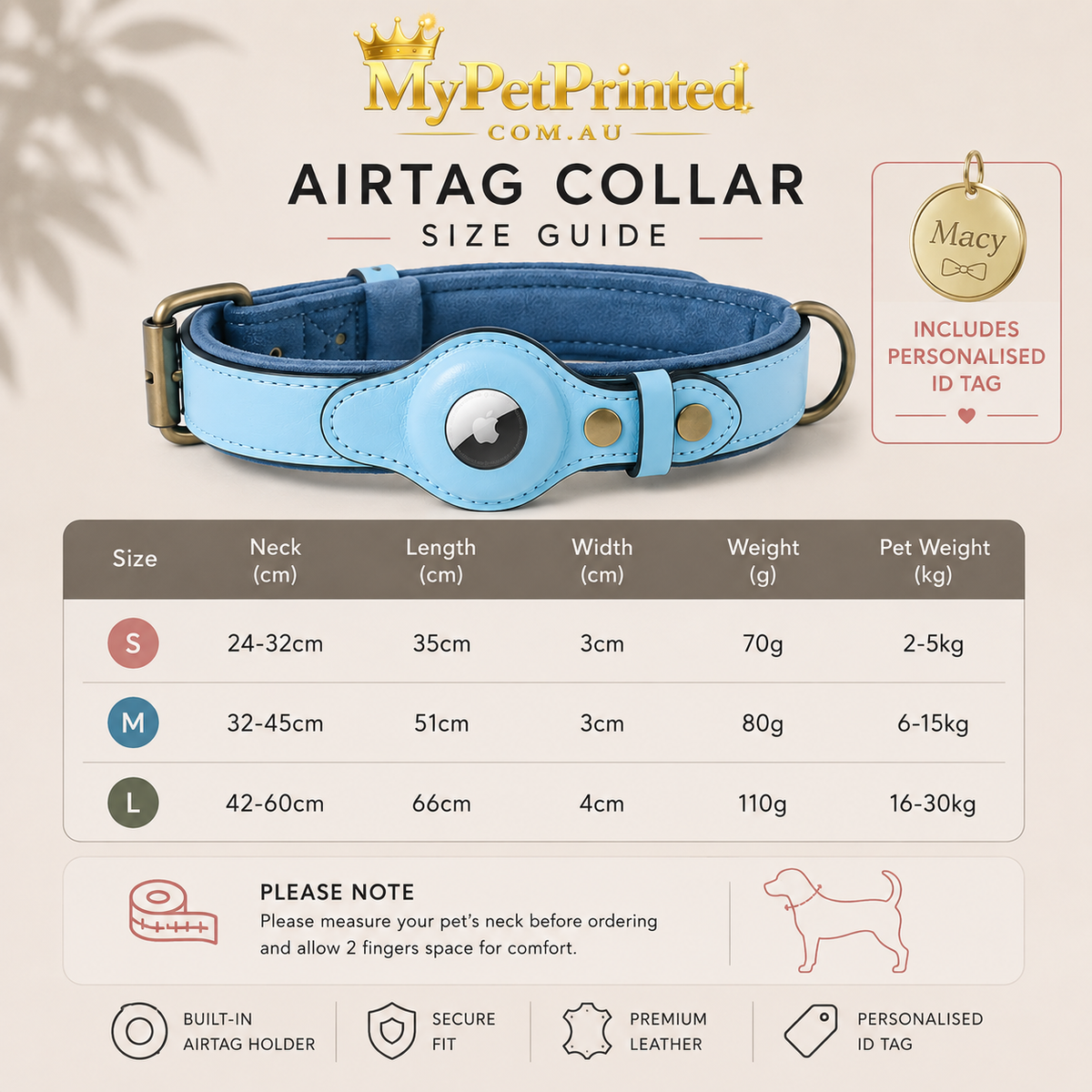Personalised Premium Leather AirTag Dog Collar (Pet Name & Phone)