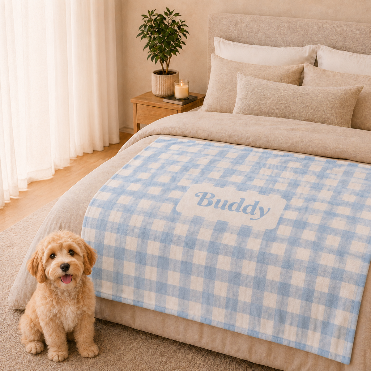 Personalised Baby Blue Gingham Fleece Pet Blanket (Pet Name)