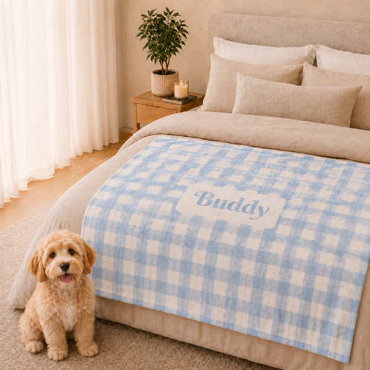 Personalised Baby Blue Gingham Fleece Pet Blanket (Pet Name)