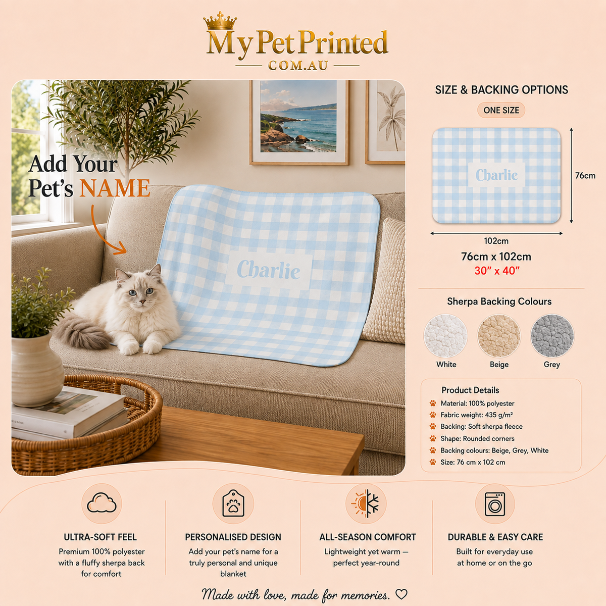Personalised Gingham Sherpa Blanket – Small Baby Blue & White (Pet Name)