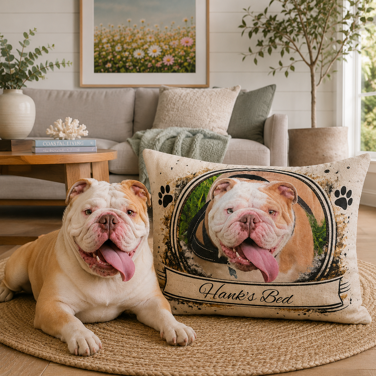 Personalised Pet Bed (Dog or Cat) with Photo & Name – Custom Pet Bed (Rustic Vintage Design)