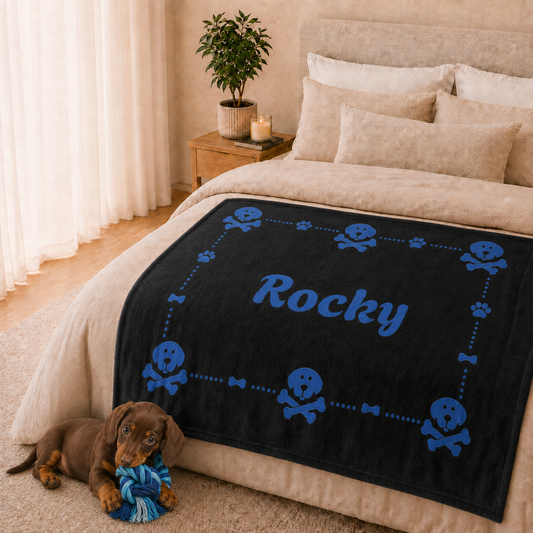 Personalised Fleece Pet Blanket, Black with Blue Dog Cross Bone (Pet Name)