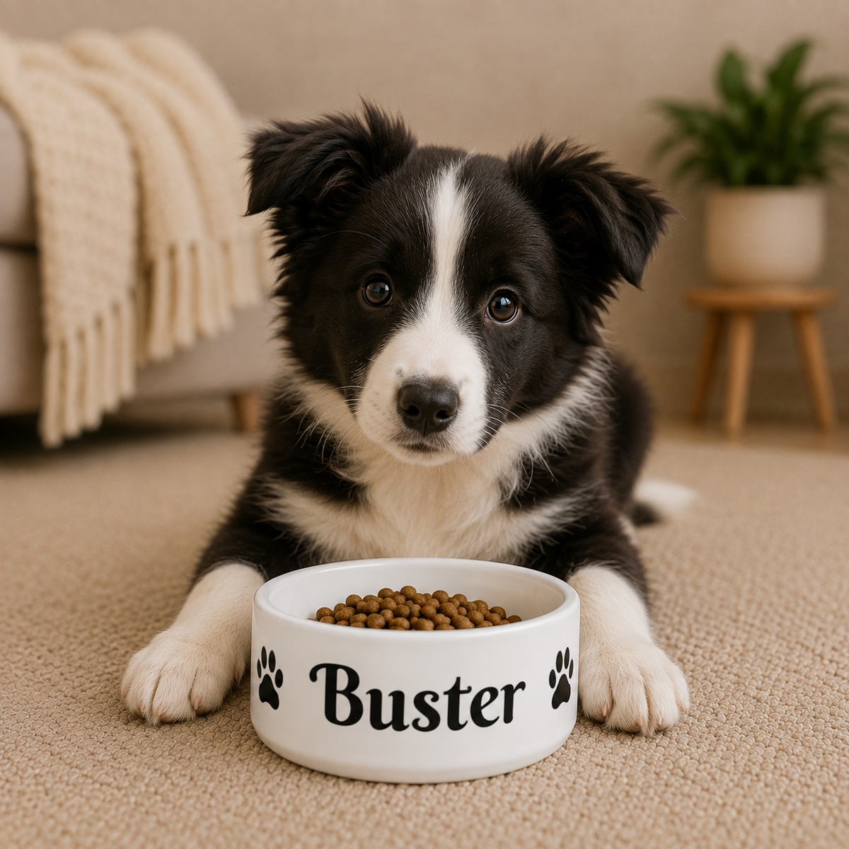Personalised Pet Bowl — Black & White Custom Name with Paw Design (Pet Name)
