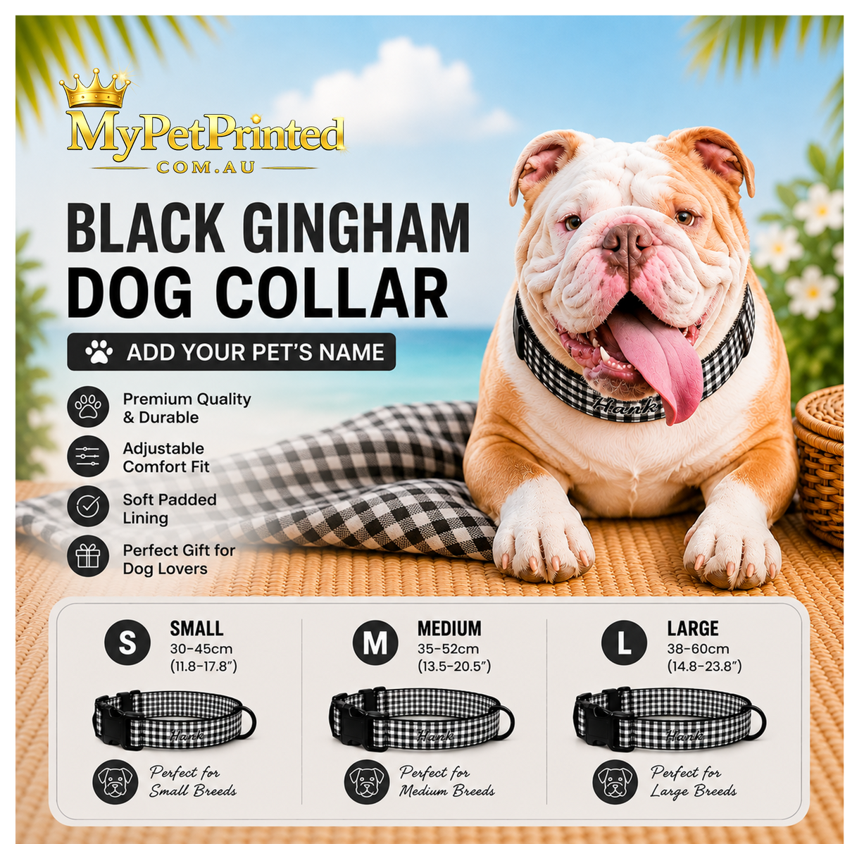 Personalised Collar – Black Gingham (Pet Name)