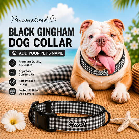 Personalised Collar – Black Gingham (Pet Name)