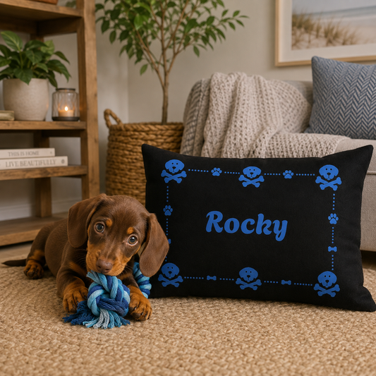 Personalised Pet Bed (Dog or Cat) with Name – Custom Pet Bed (Black with Blue Border Design)