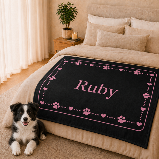 Personalised Fleece Pet Blanket, Black with Soft Pink Paw & Heart (Pet Name)