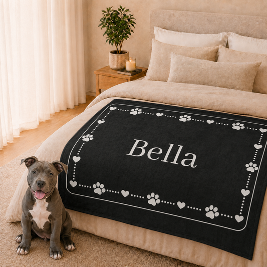 Personalised Fleece Pet Blanket, Black with White Paw & Heart (Pet Name)