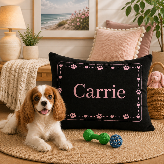 Personalised Pet Bed (Dog or Cat) with Name – Custom Pet Bed (Black with Pink Paw & Heart Border Design)