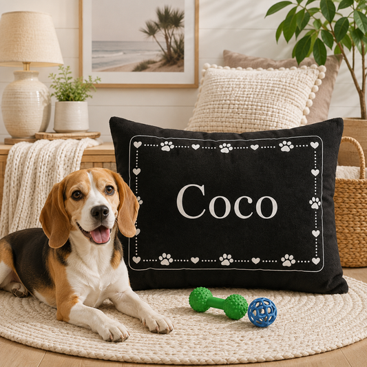 Personalised Pet Bed (Dog or Cat) with Name – Custom Pet Bed (Black with White Paw & Heart Border Design)
