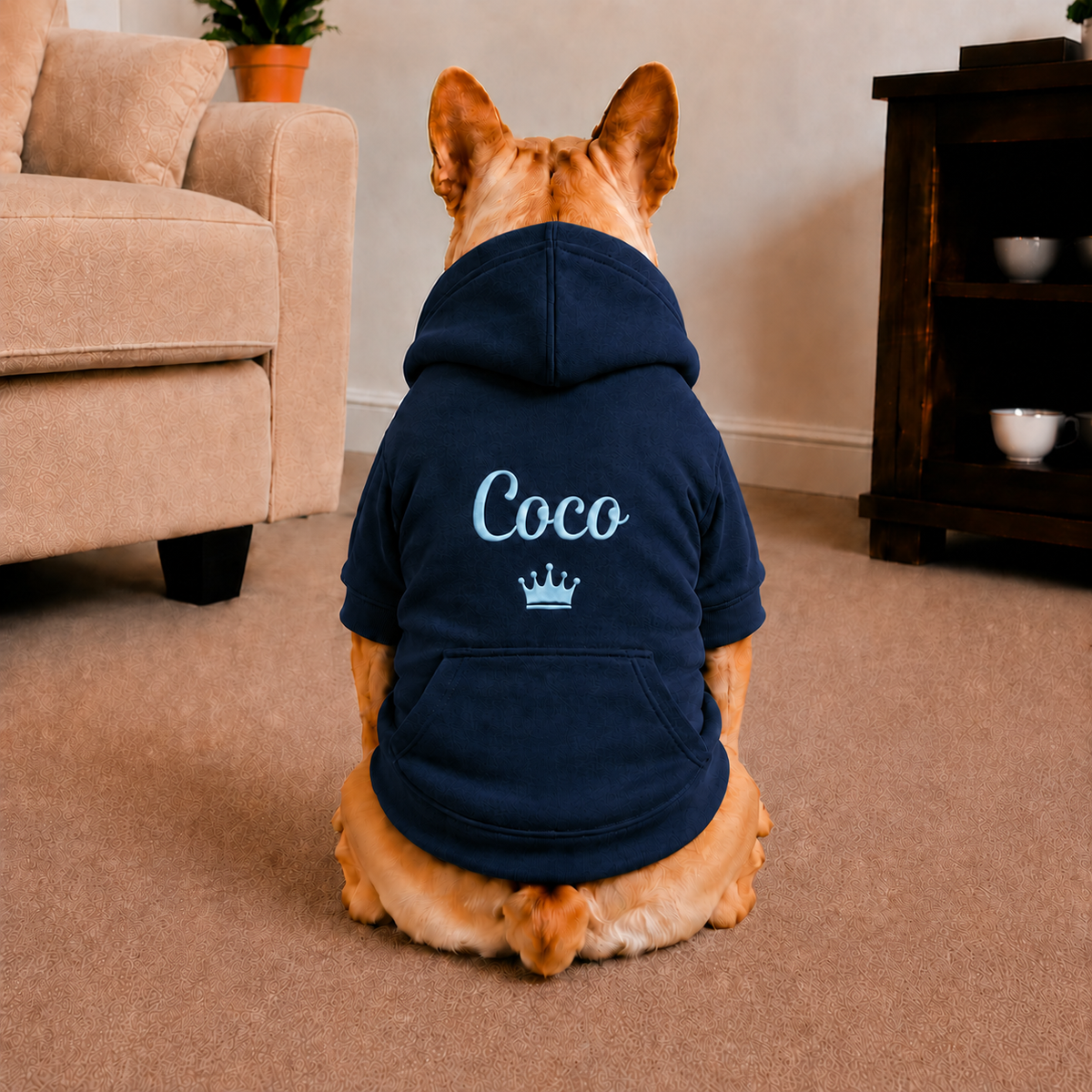 Pet Hoodie with Personalised Embroidery (Baby Blue Name & Crown)