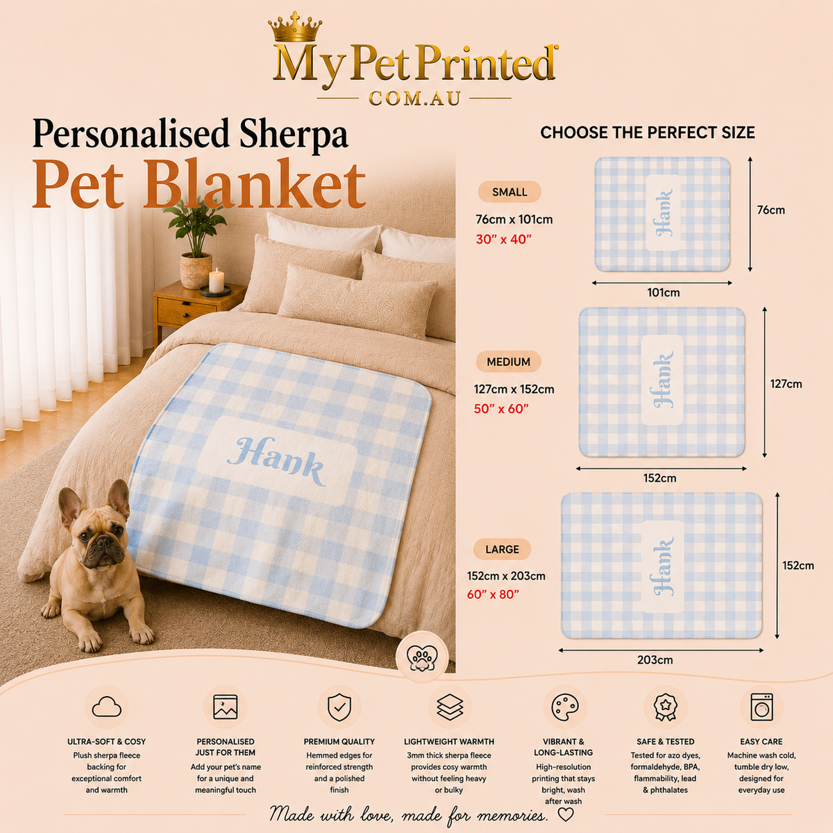 Personalised Baby Blue Gingham Sherpa Blanket (Pet Photo)
