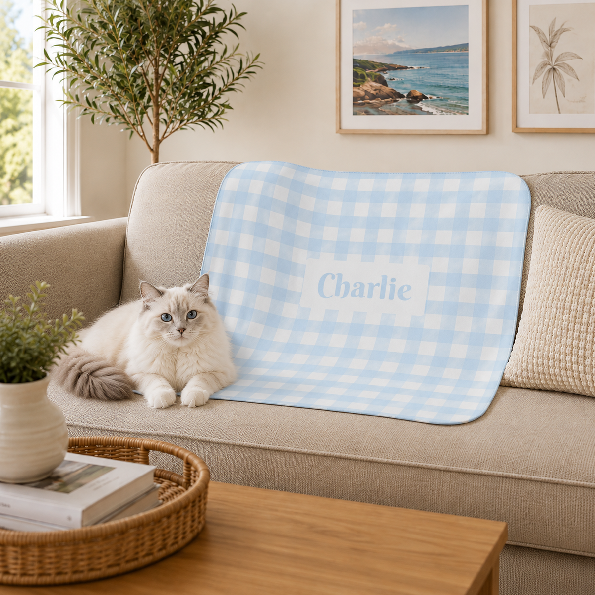 Personalised Gingham Sherpa Blanket – Small Baby Blue & White (Pet Name)