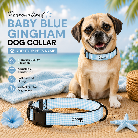Personalised Pet Collar – Baby Blue Gingham (Pet Name)