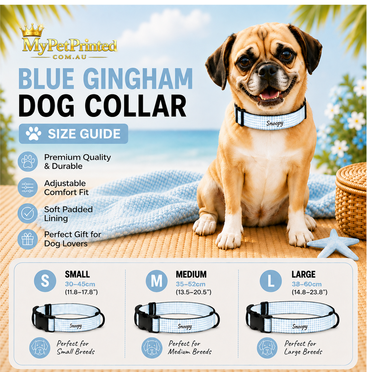 Personalised Pet Collar – Baby Blue Gingham (Pet Name)