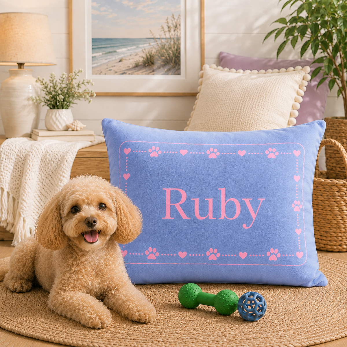 Personalised Pet Bed (Dog or Cat) with Name – Custom Pet Bed (Soft Blue with Pink Paw & Heart Border Design)
