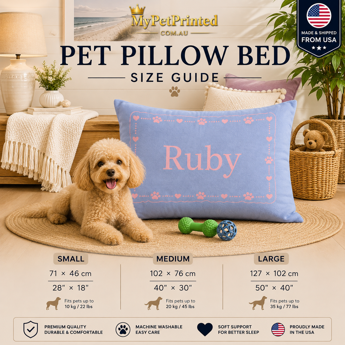 Personalised Pet Bed (Dog or Cat) with Name – Custom Pet Bed (Soft Blue with Pink Paw & Heart Border Design)
