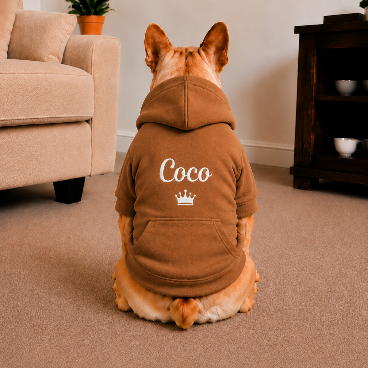 Pet Hoodie with Personalised Embroidery (White Name & Crown)