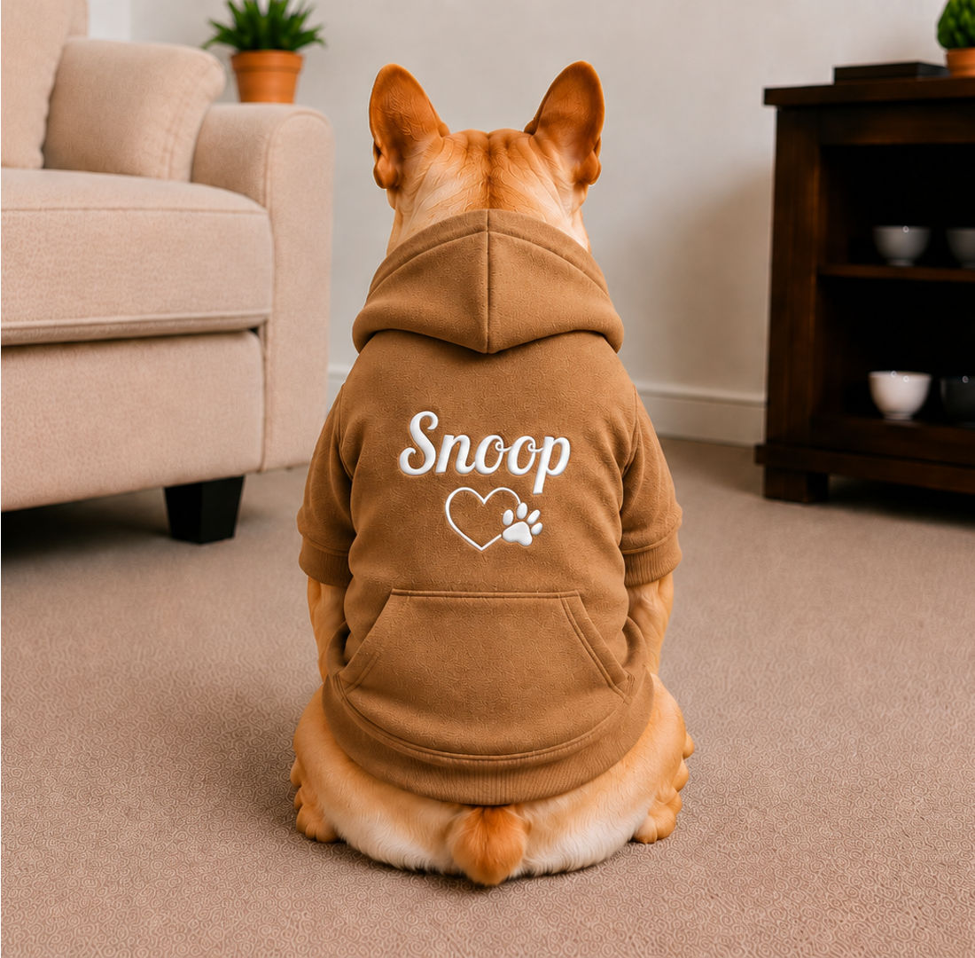 Pet Hoodie with Personalised Embroidery (White Name & Heart Paw)