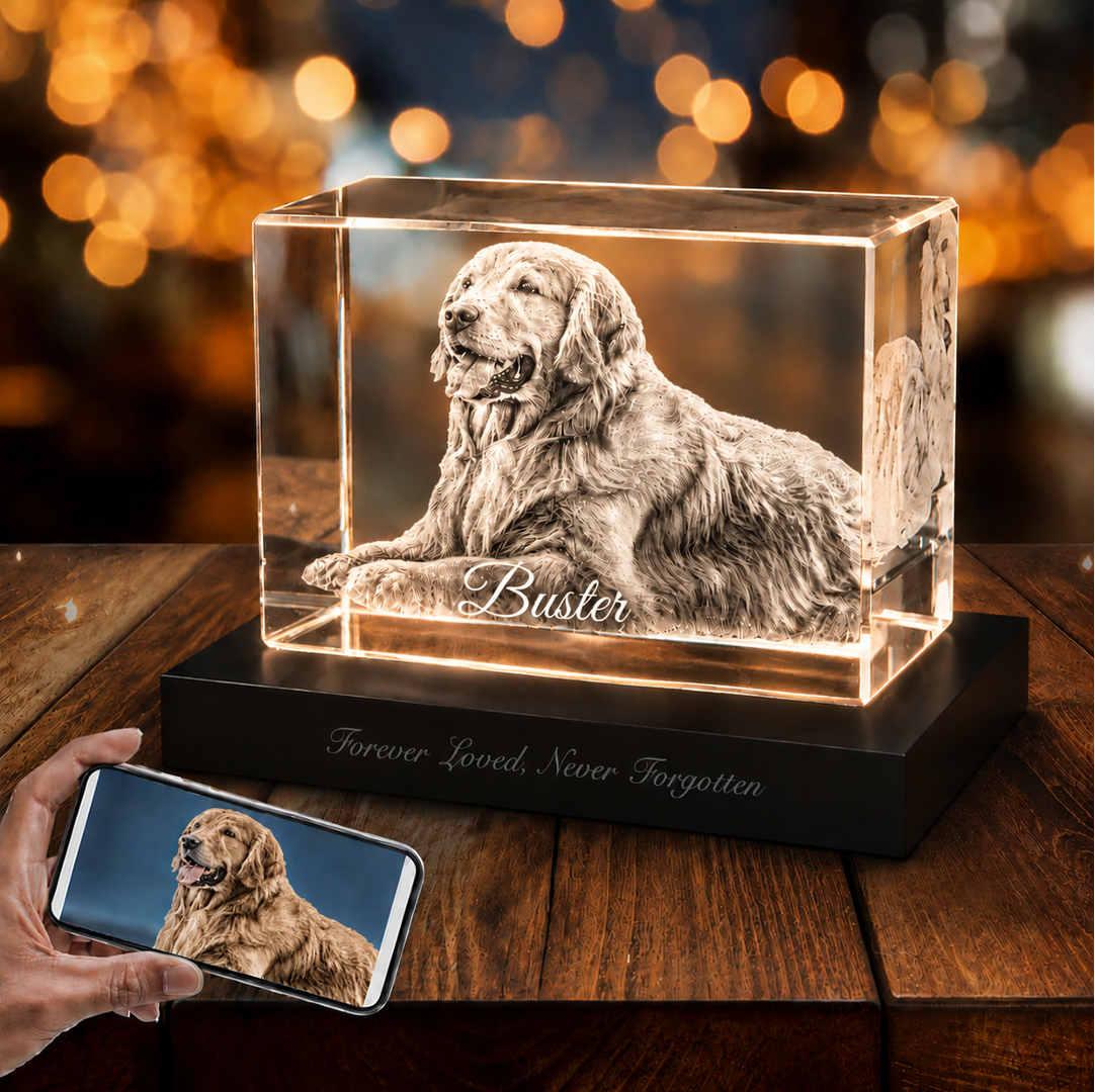 3D Crystal Memorial with LED Light Base (Pet Photo & Name)