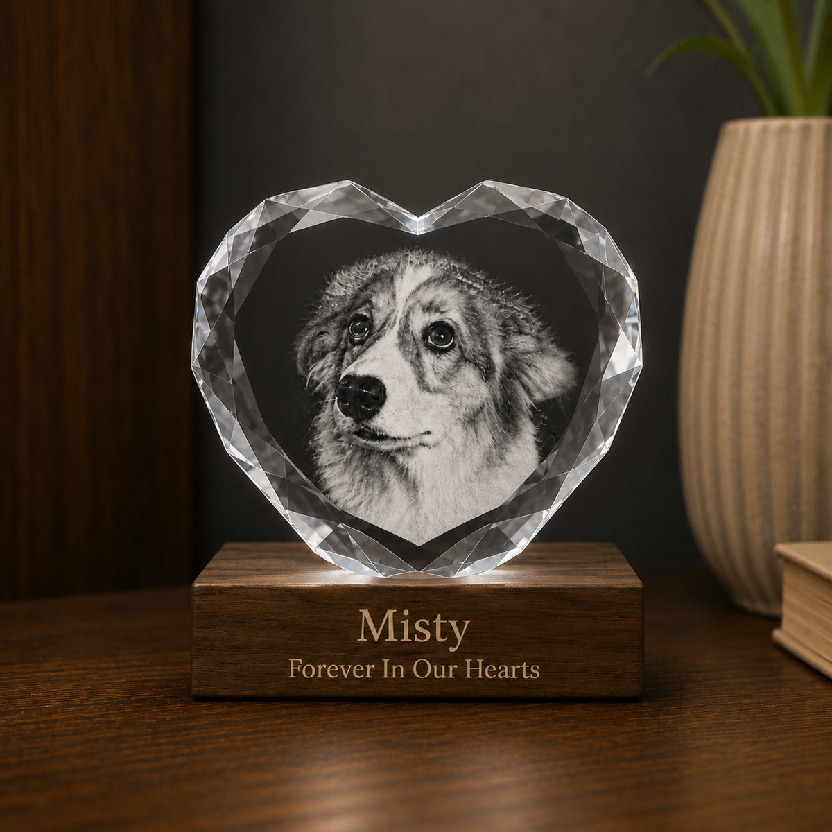Personalised Heart Faceted 3D Crystal Pet Ornament (Pet Photo & Name)
