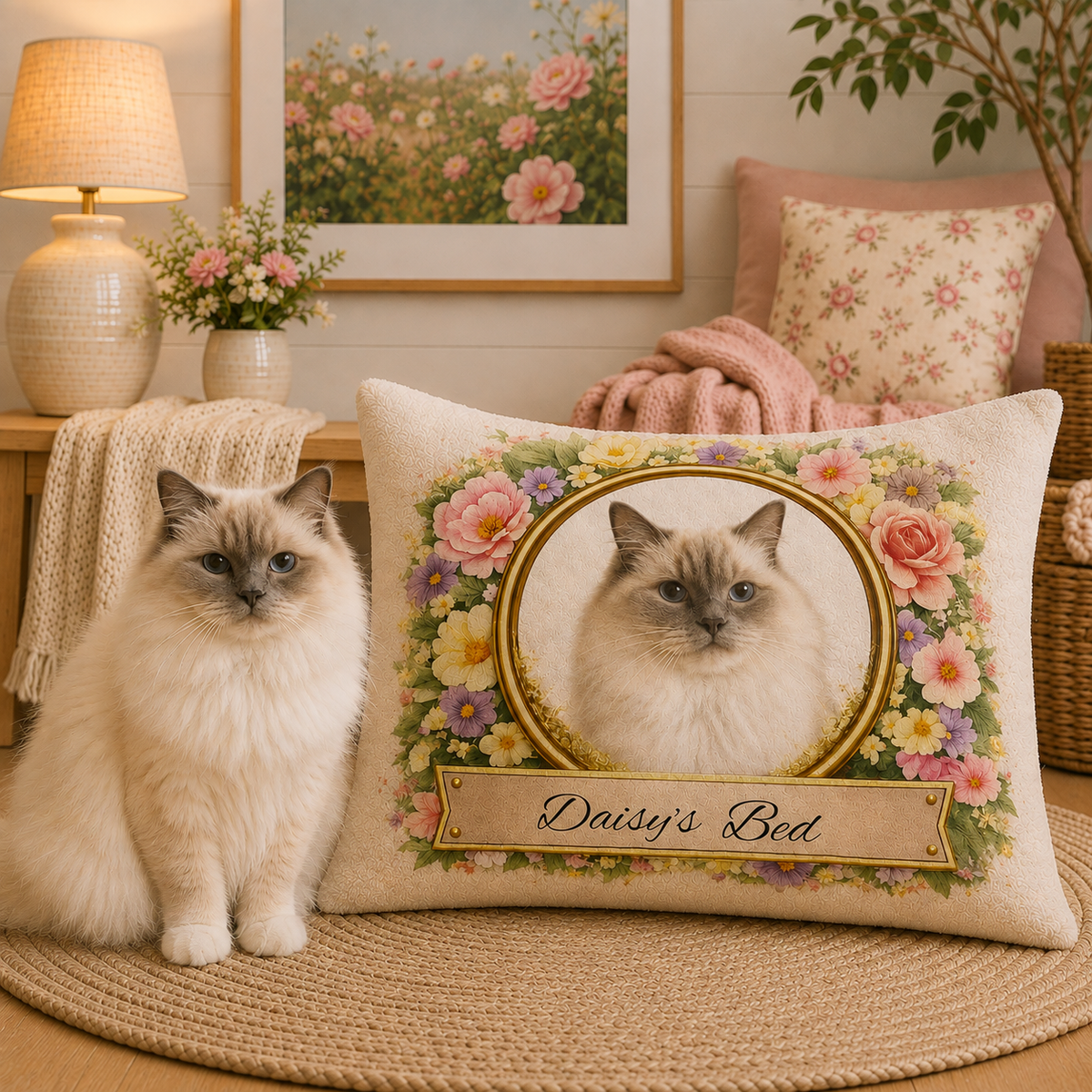 Personalised Pet Bed (Dog or Cat) with Photo & Name – Custom Pet Bed (Floral Portrait Design)